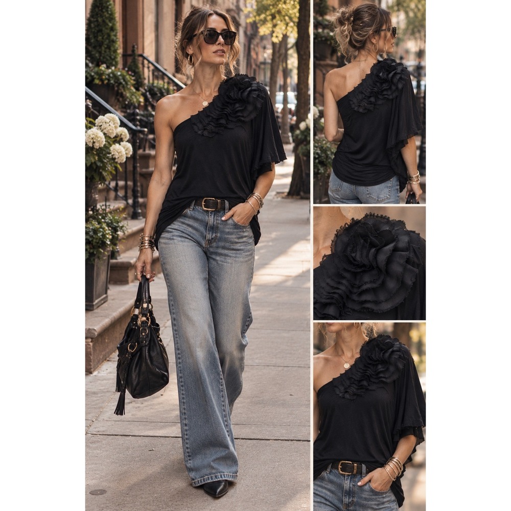 Forever 21 Y2K Black One Shoulder 3D Rosette Flower Draped Tunic Top M Statement